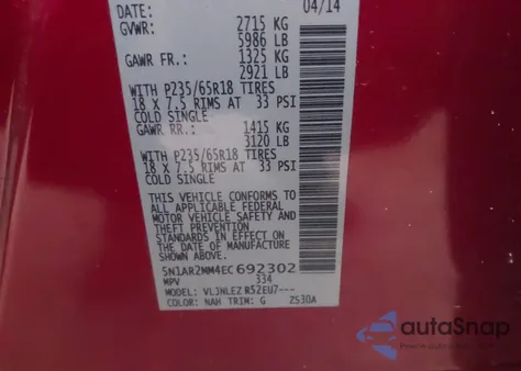 2014 Nissan Pathfinder Sv z USA, uszkodzony, nr VIN 5N1AR2MM4EC692302